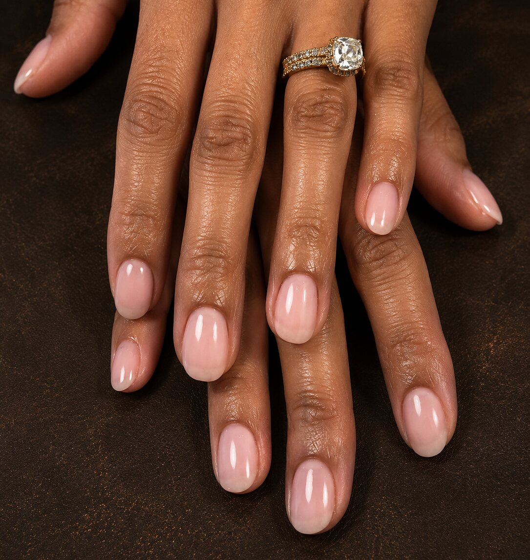 Short round nails finished in a soft blush nude
