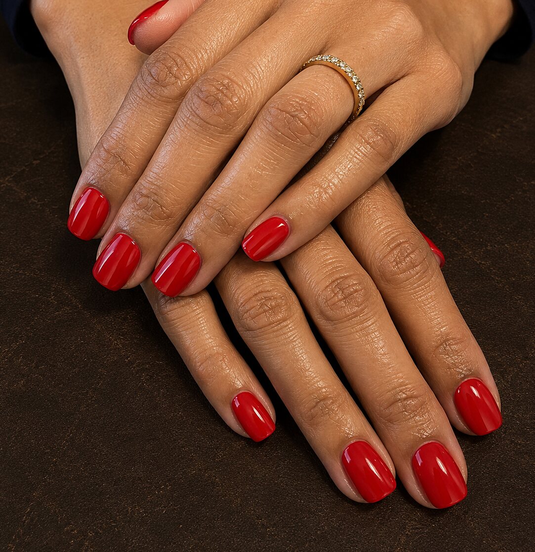 Short square nails with rounded edges finished in a classic true red
